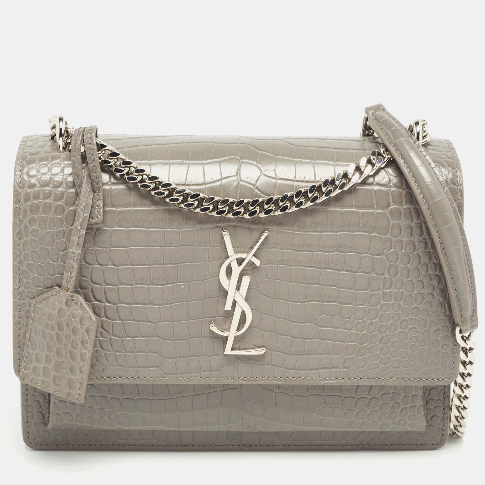 Saint Laurent Paris Saint Laurent Grey Croc Embossed Leather Medium Sunset Shoulder Bag