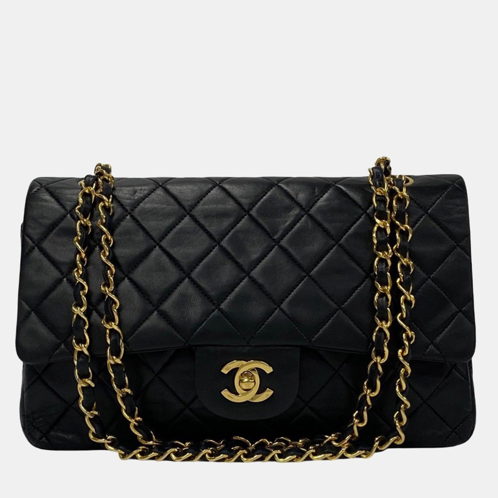 Chanel Mittelgroße klassische Tasche aus schwarzem Leder mit Doppelklappe