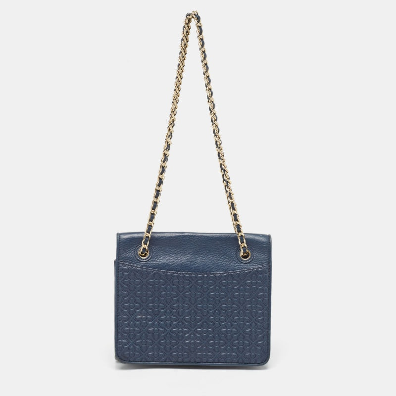 Tory Burch Navy Blue Leather Medium Fleming Shoulder Bag