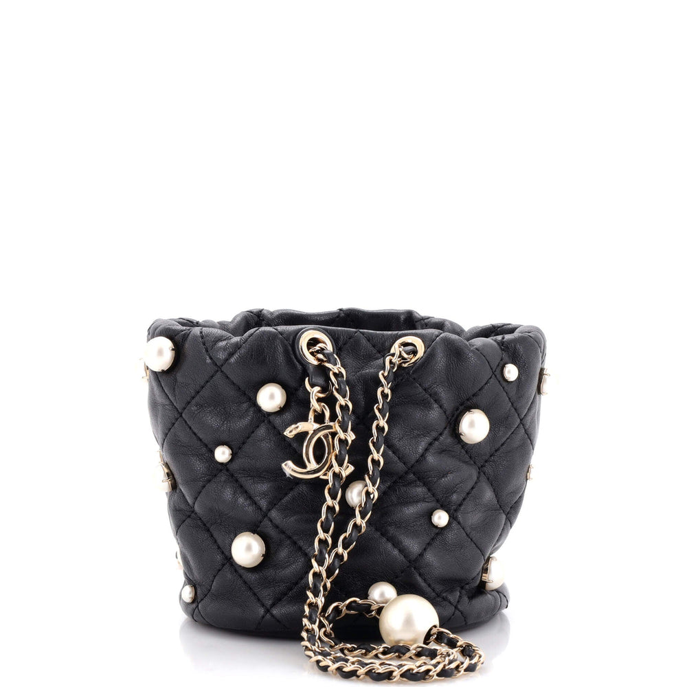 CHANEL Drawstring Round Bucket Bag Pearl Embellished Quilted Lambskin Mini