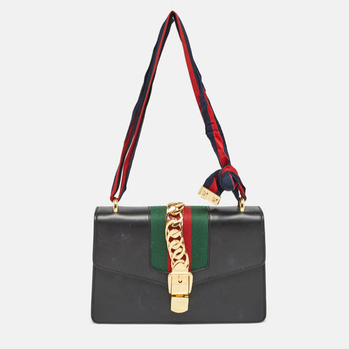 Black Leather Small Web Sylvie Shoulder Bag