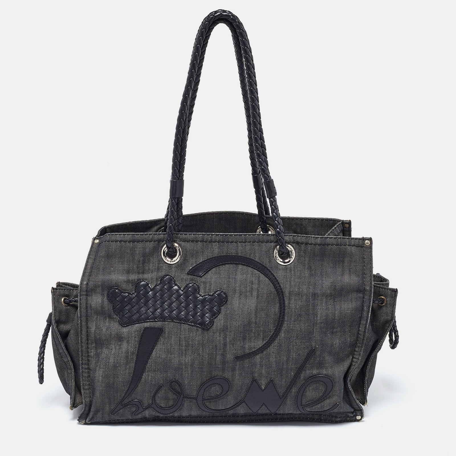 Loewe Black Denim and Leather Logo Shopper Tote