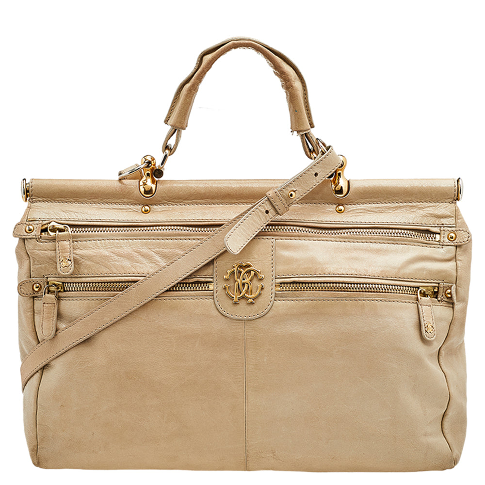 Roberto Cavalli Beige Leather Multiple Pocket Top Handle Bag