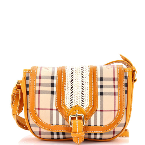 Buckle Flap Messenger Bag Haymarket Coated Canvas with Braided Leather Small