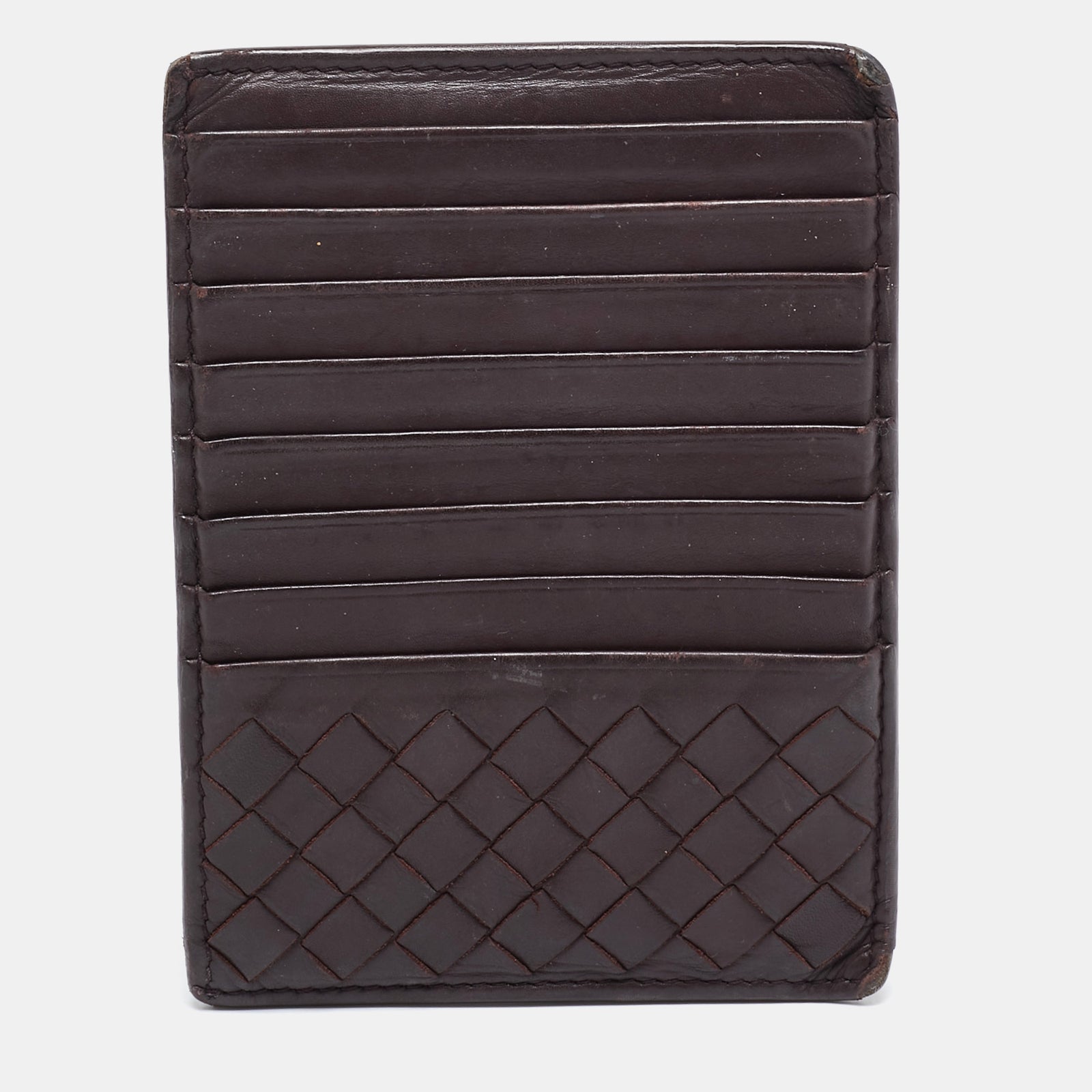 Bottega Veneta Porte-cartes zippé en cuir intrecciato bordeaux foncé