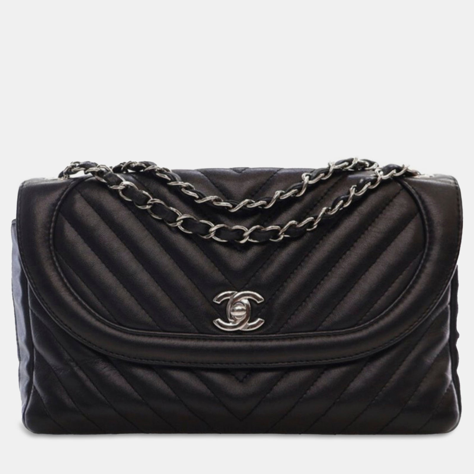 Chanel Runde CC-Klappe aus Kalbsleder mit Chevron-Muster