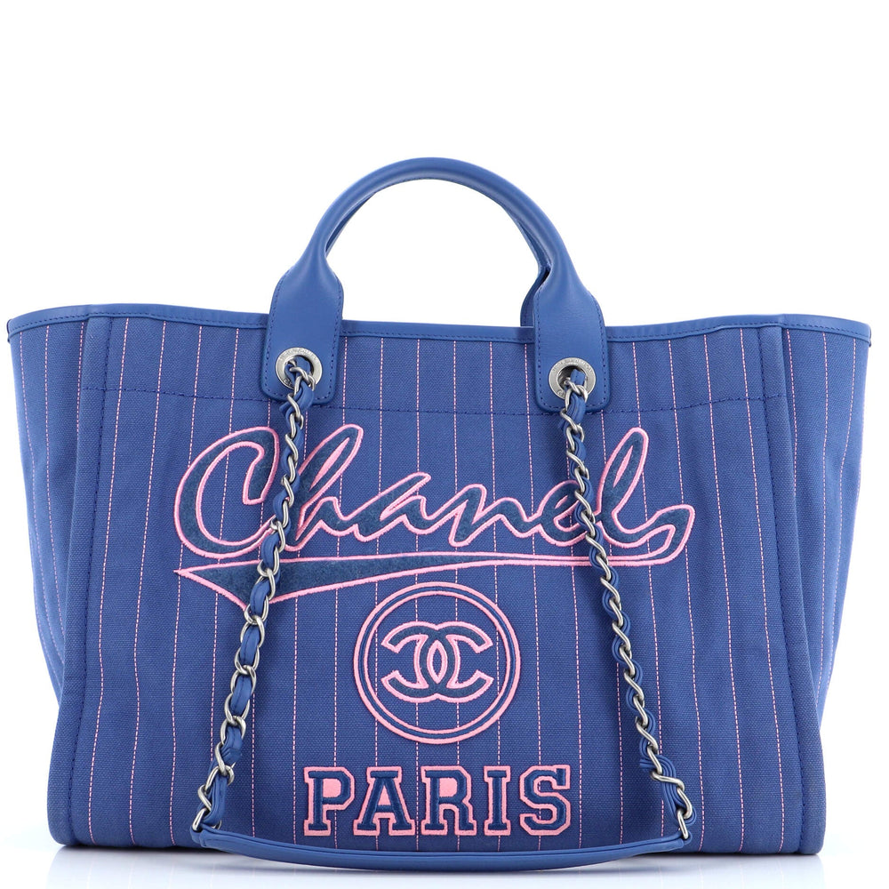 CHANEL Deauville Tote Pinstripe Cotton Medium