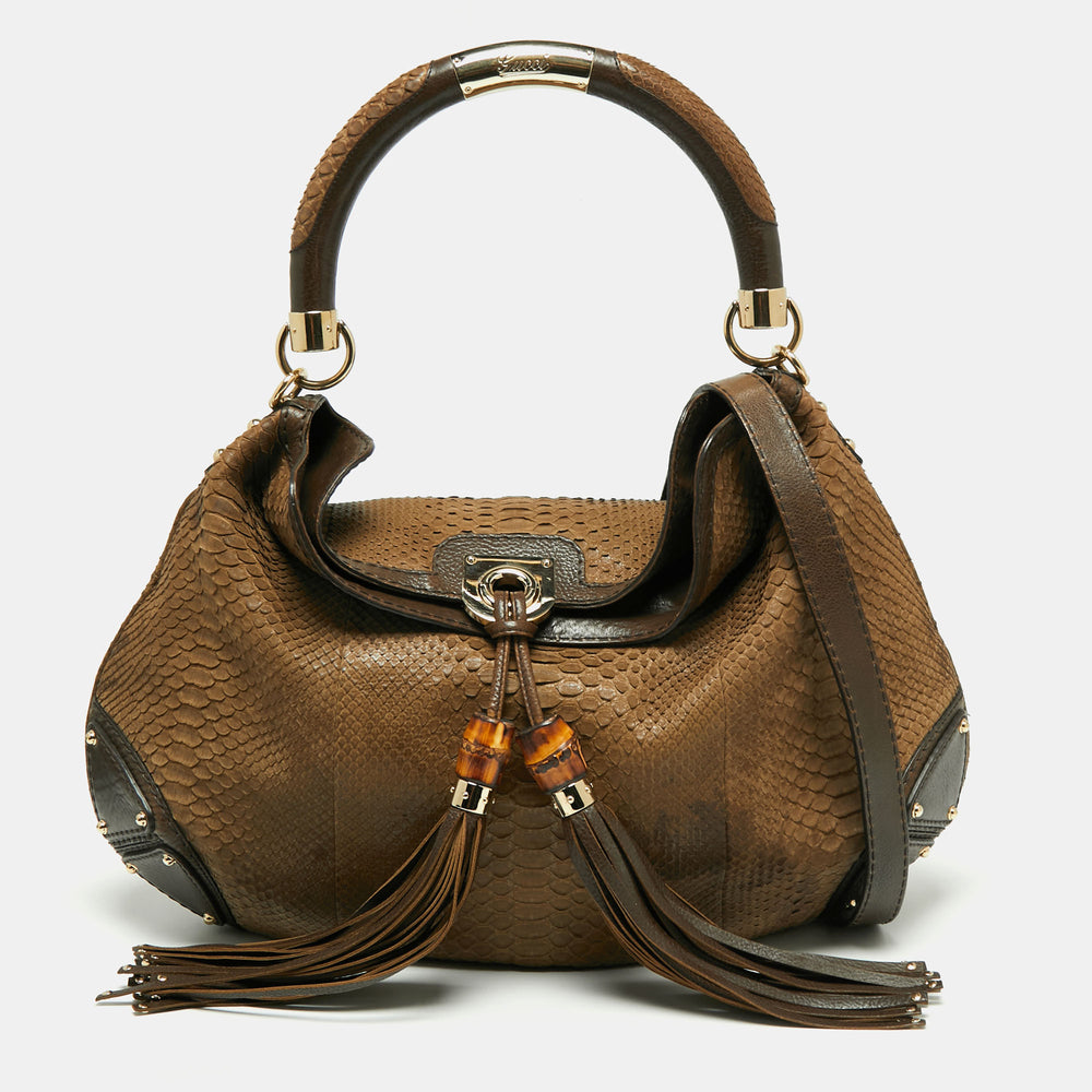 Brown Python and Leather Large Babouska Indy Hobo