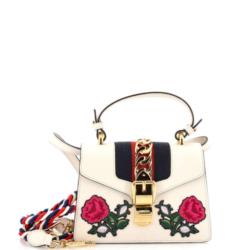 GUCCI Sylvie Top Handle Bag Embroidered Leather Mini