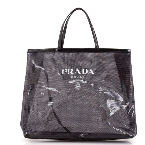 PRADA Logo Open Tote Sequined Mesh Large