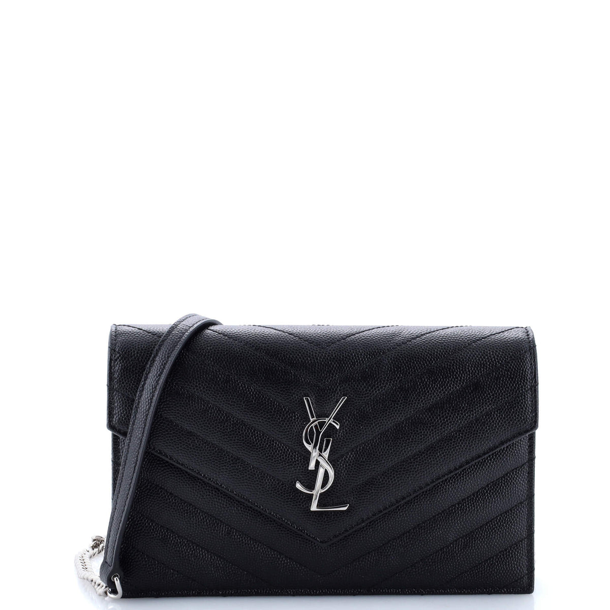 Saint Laurent Classic Monogram Wallet on Chain Matelasse Chevron Metallic Leather Small