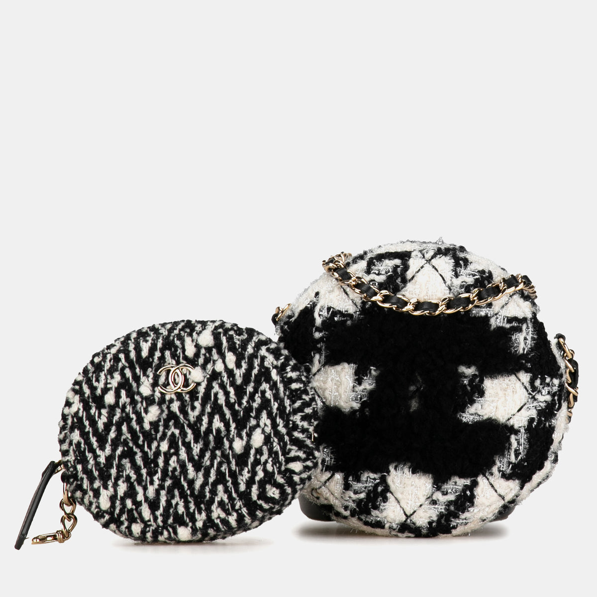 Chanel Shearling Tweed Round Clutch With Chain and Coin Purse