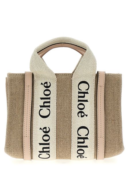 Chloé Women's Woody Mini Canvas And Leather Tote Bag in Powder | Size UNI | CHC22AP237I266J5