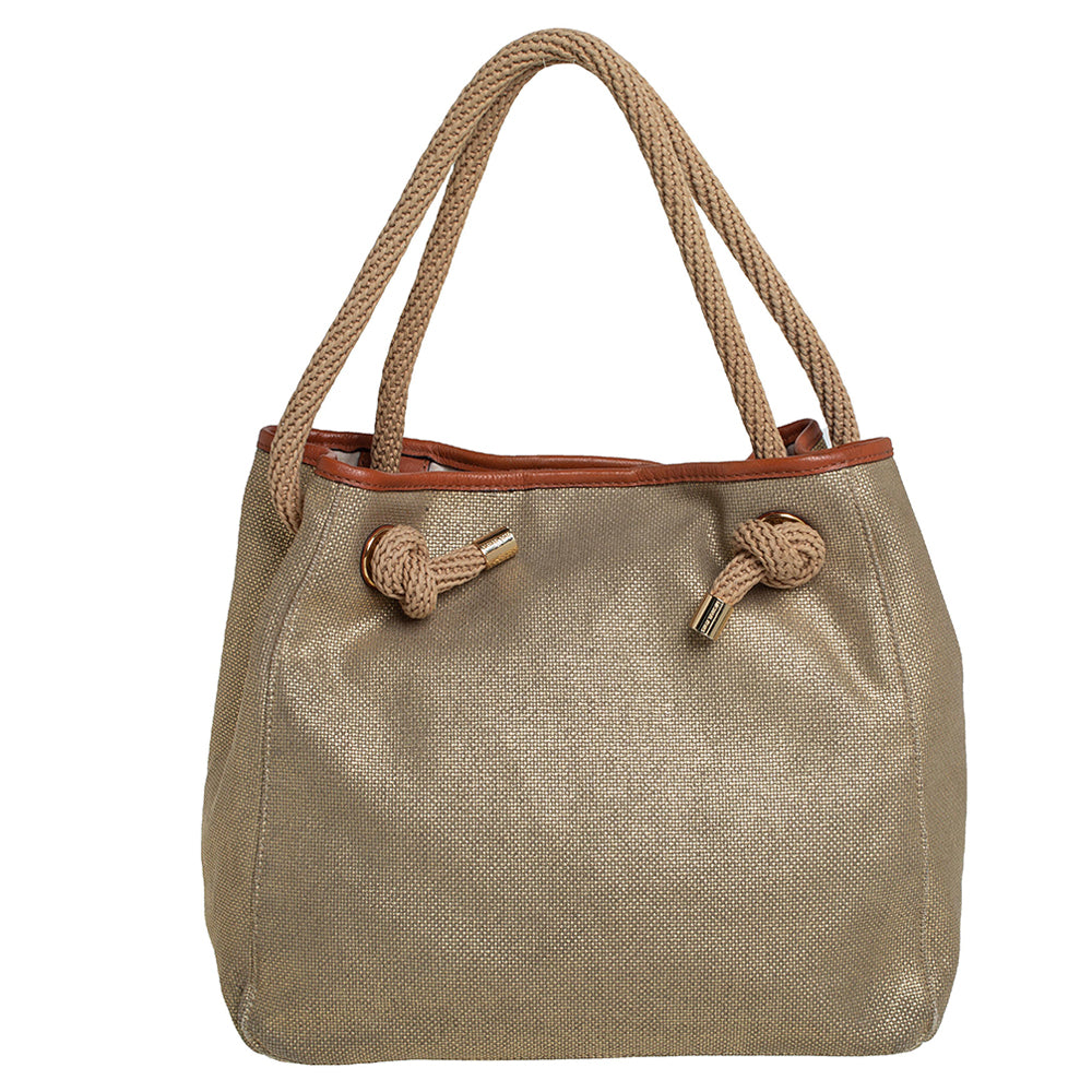 Michael Kors Metallic Beige/Brown Canvas and Leather Large Isla Tote