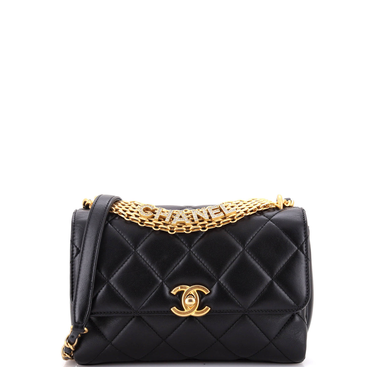 Chanel CHANEL Crystal Logo Letters Chain Handle Flap Bag Quilted Lambskin Small