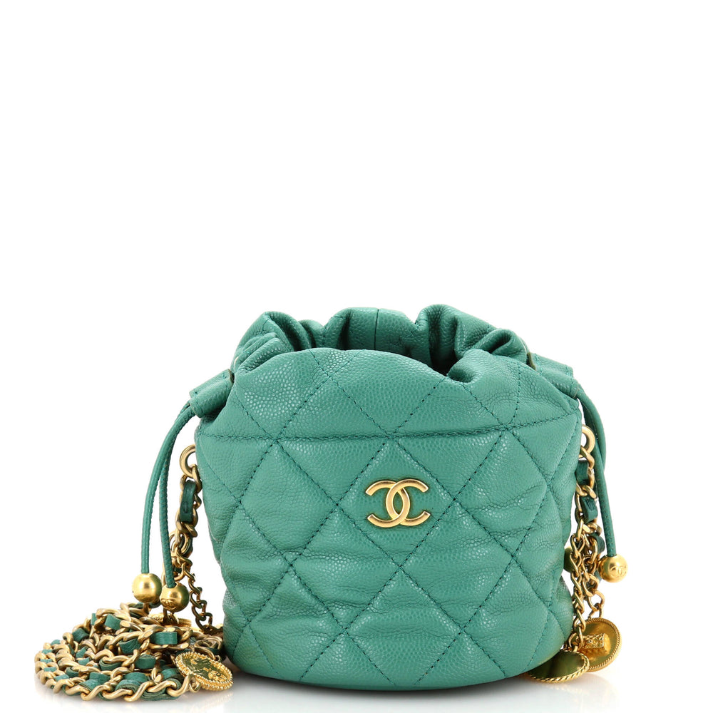 CHANEL Medallion Charms Drawstring Bucket Bag Quilted Caviar Mini