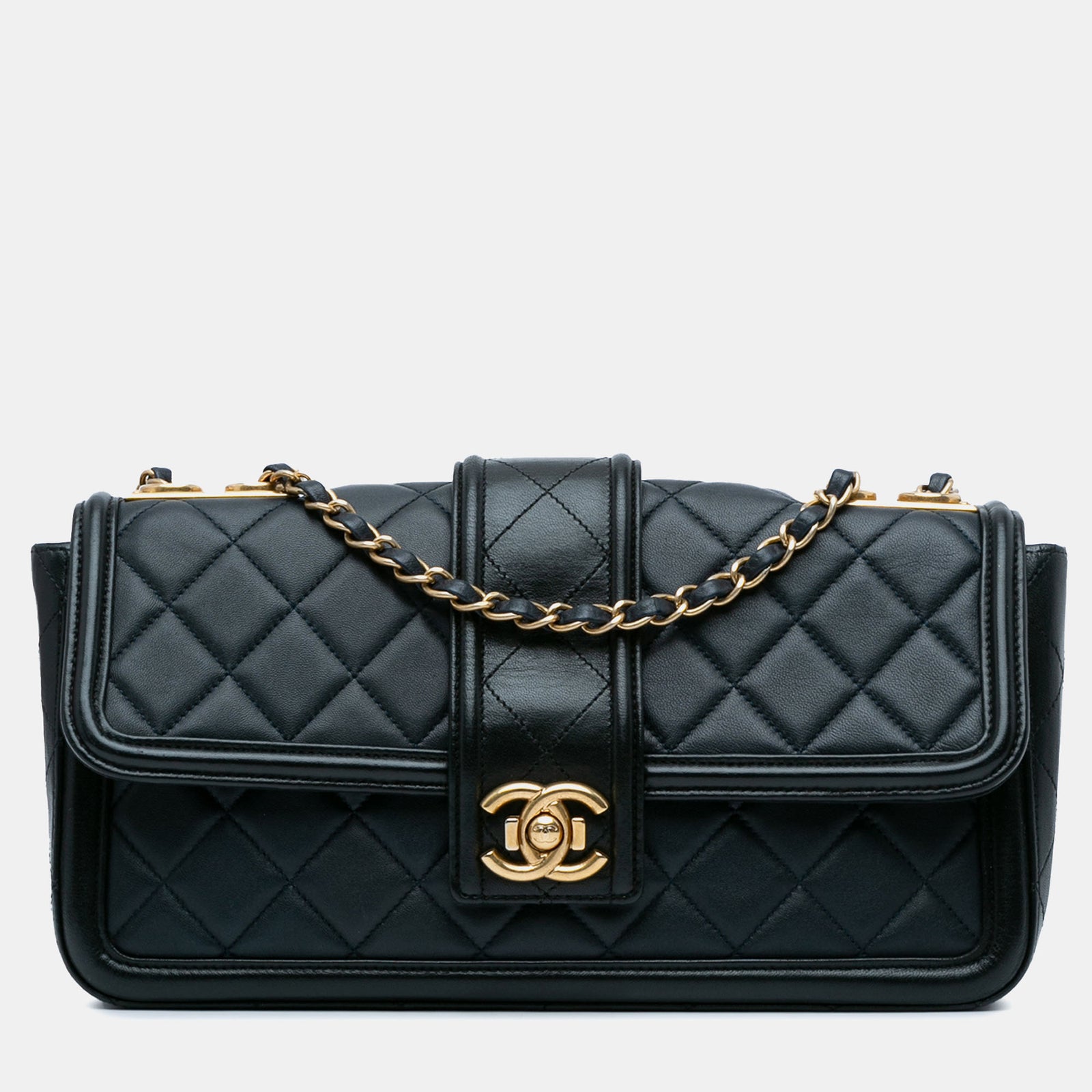 Chanel Große, elegante CC-Flap-Tasche aus gestepptem Lammleder in Blau