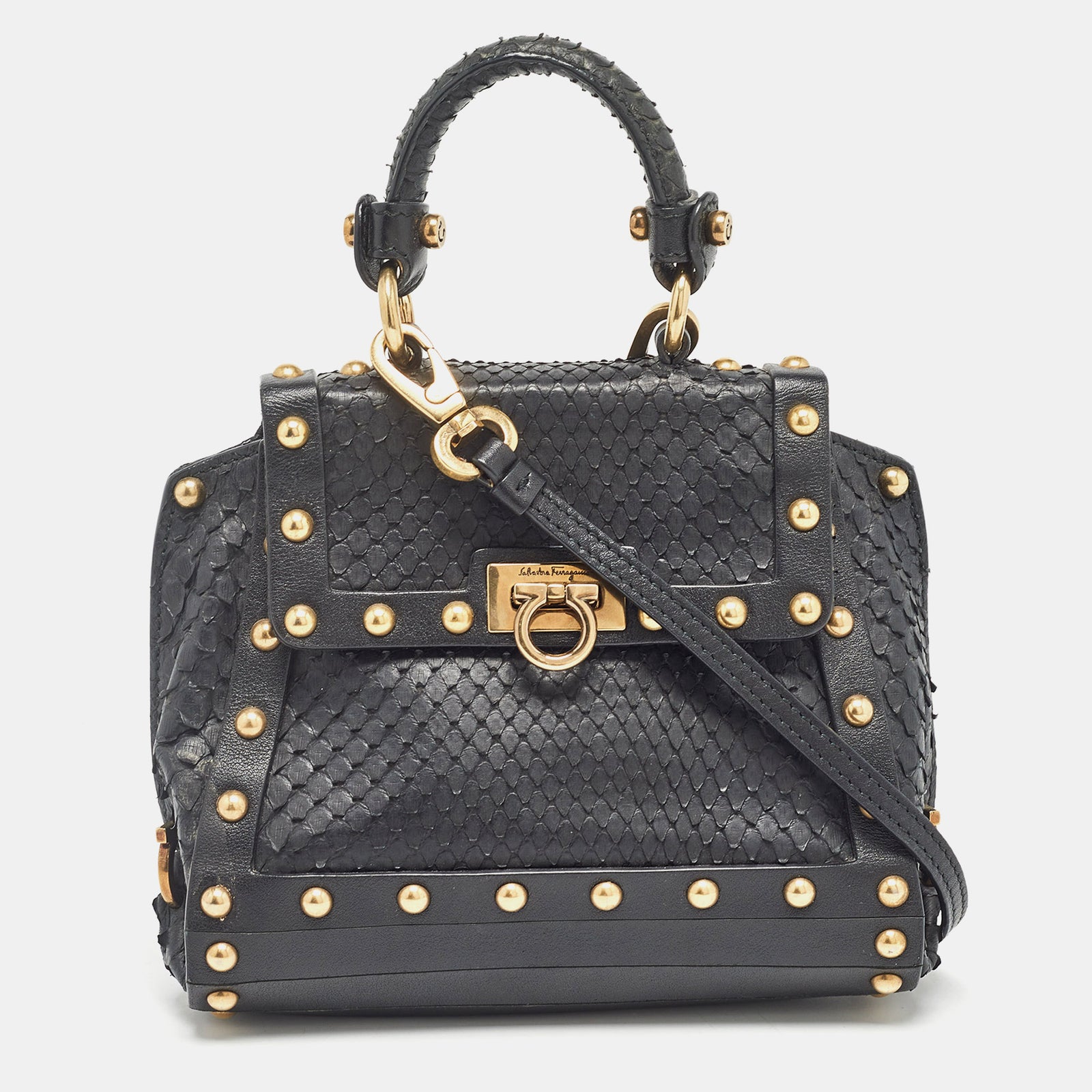 Salvatore Ferragamo Black Python Mini Studded Sofia Top Handle Bag