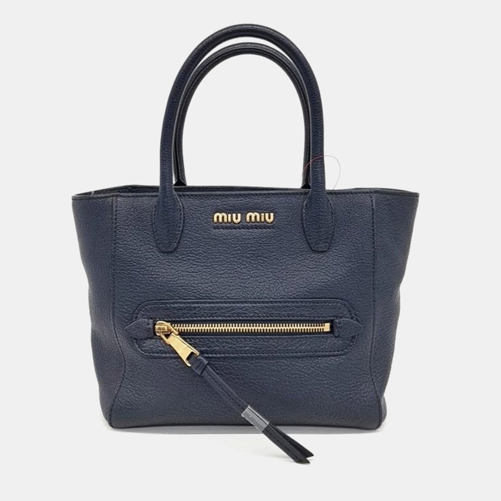 Miu Miu Navy Blue Leather Madras  Front Zip  Satchel Bag