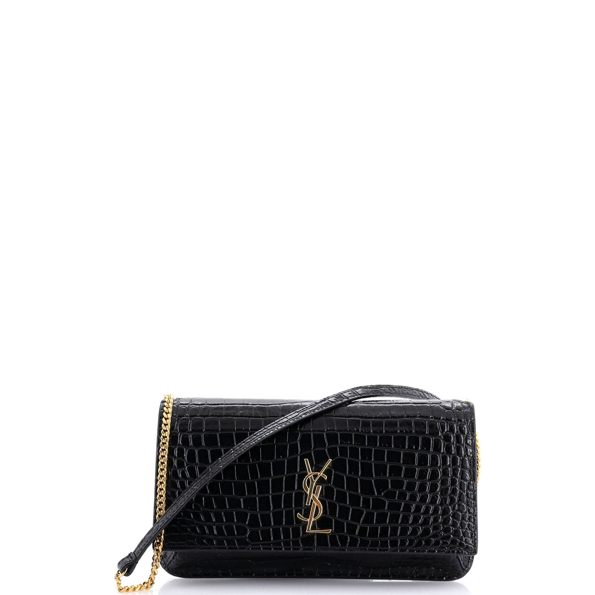 Saint Laurent Classic Monogram Phone Holder Shoulder Bag Crocodile Embossed Leather