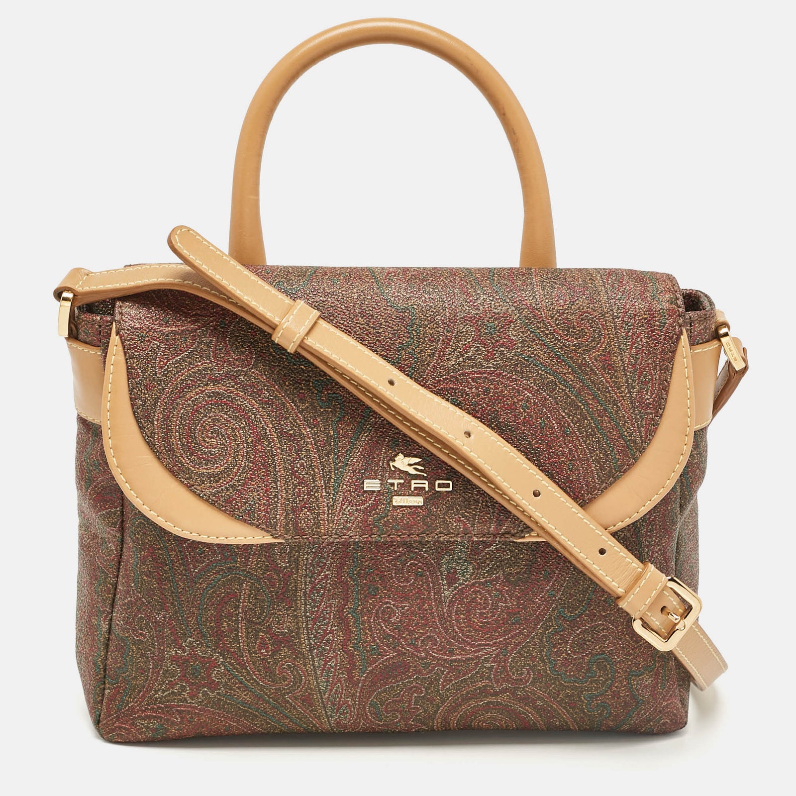 Etro Brown Paisley Coated Canvas Top Handle Bag