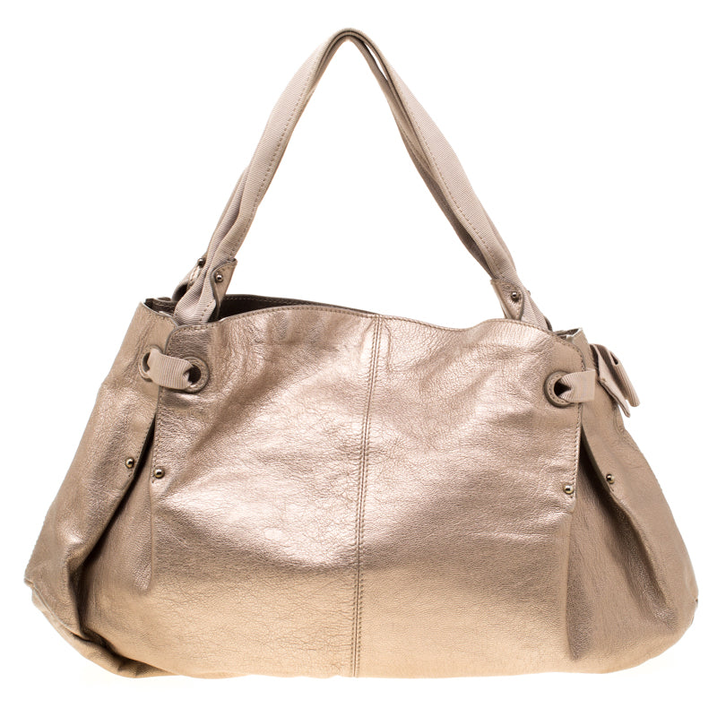 Salvatore Ferragamo Beige Leather and Canvas Bow Hobo