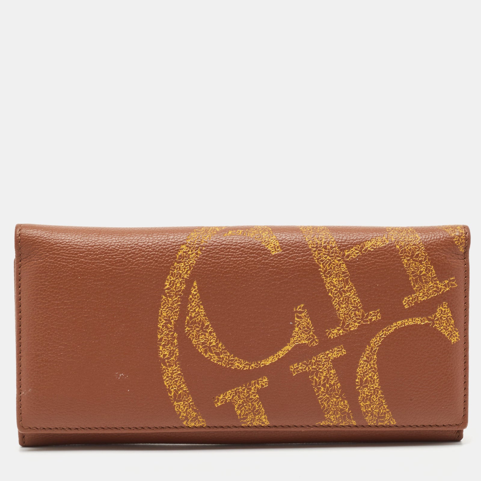 Carolina Herrera Brown Leather Logo Print Continental Wallet