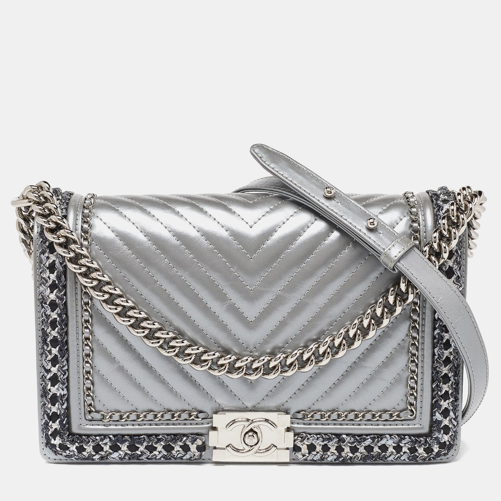 Chanel Silver Quilted Leather New Medium Boy Flap Bag