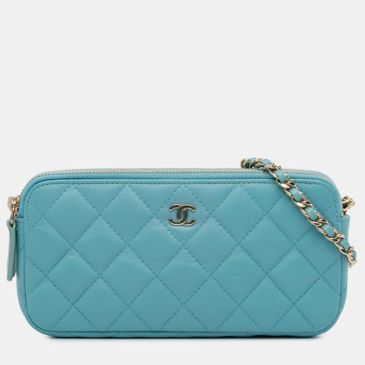 Chanel Blue Tone Lambskin Leather Double Zip Wallet on Chain