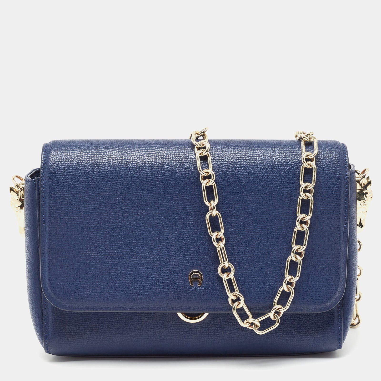 Aigner Navy Blue Leather Flap Chain Shoulder Bag