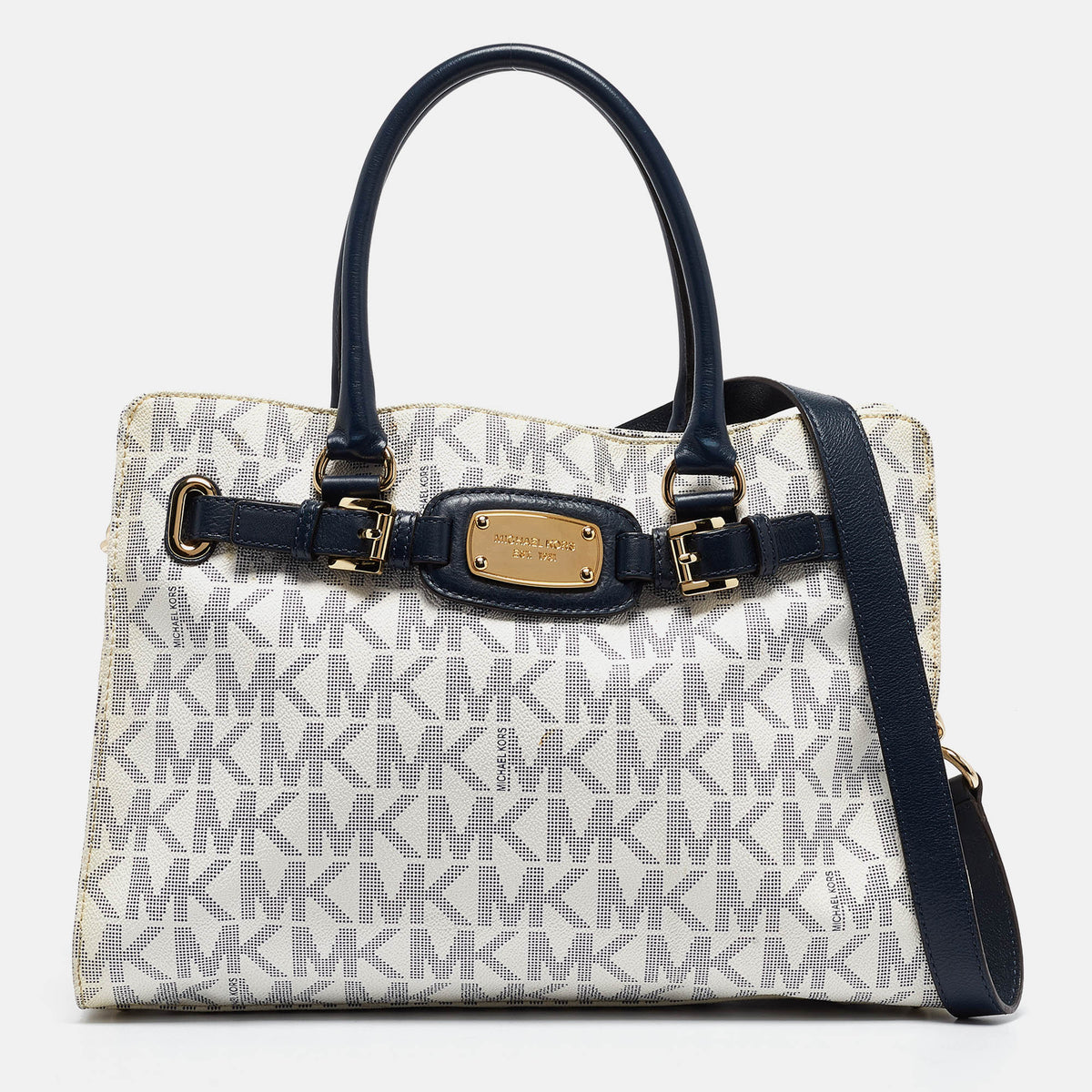 Michael Kors White/Blue Signature Coated Canvas East West Hamilton Tote