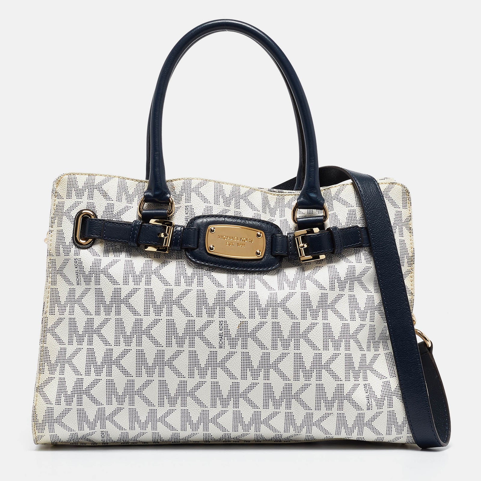 Michael Kors Weiß/Blau Signature beschichtetes Canvas East West Hamilton Tote