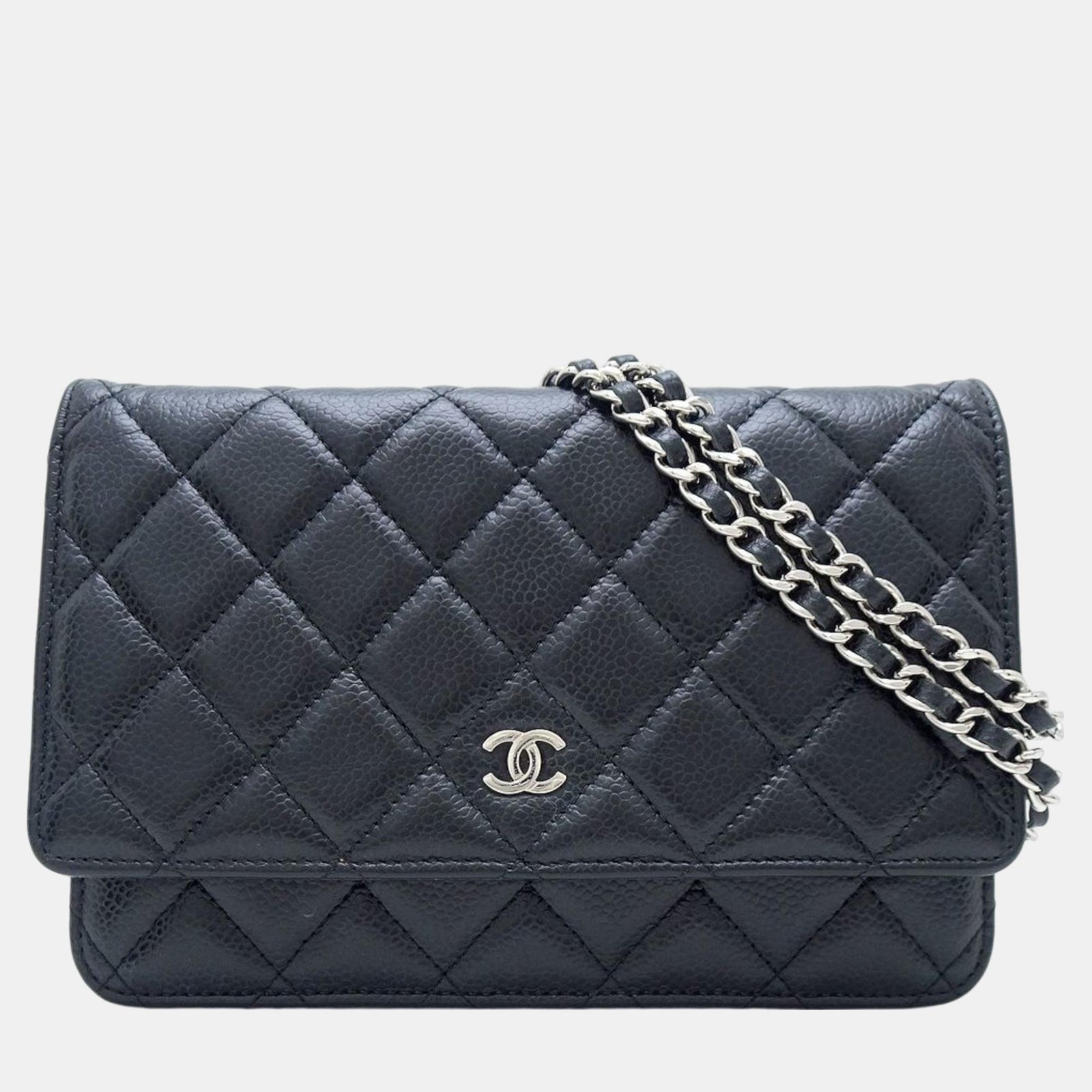 Chanel Schwarzes Caviar Skin Klassisches Portemonnaie mit Kette