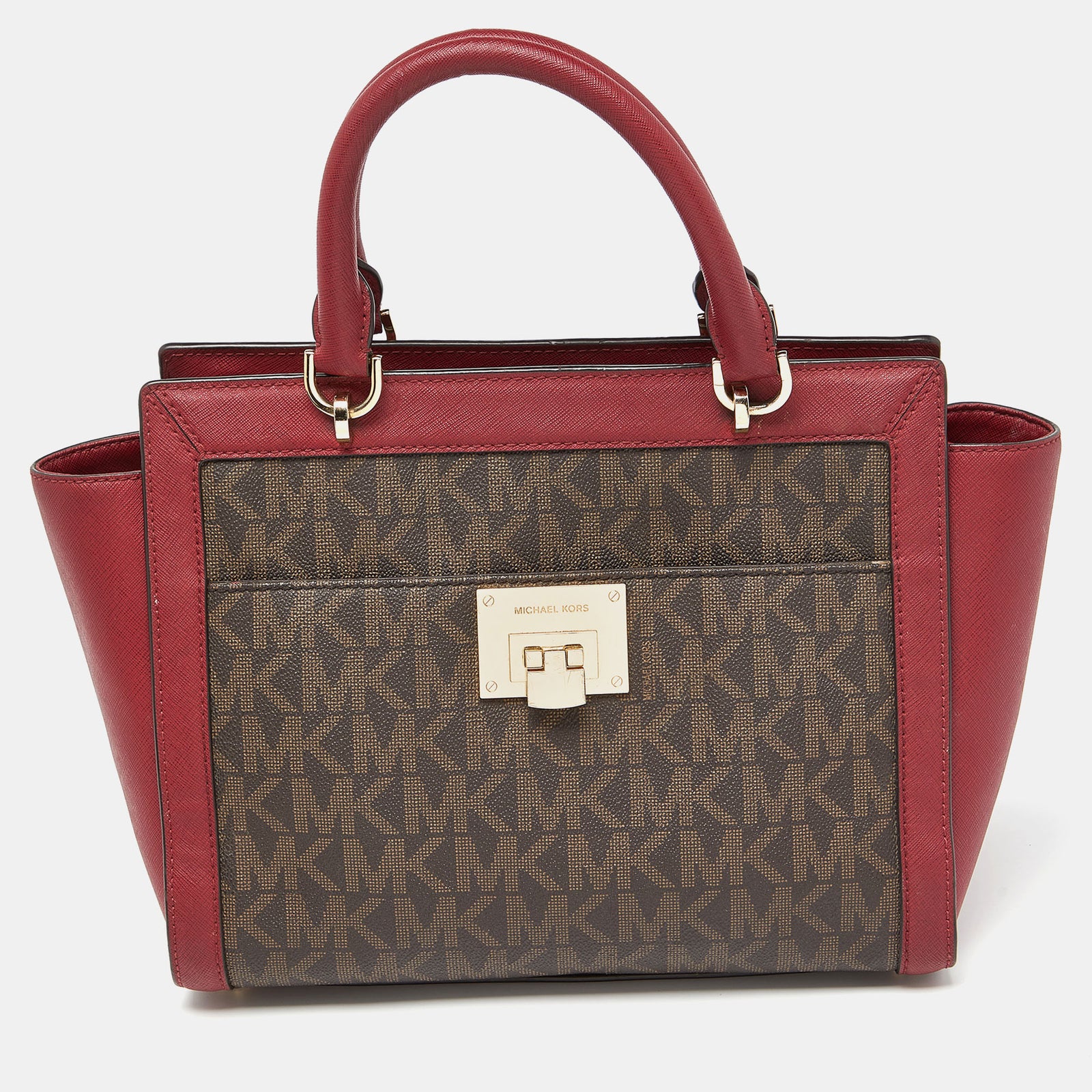 Michael Kors Brown/Red Signature Coated Canvas and Leather Tina Satchel