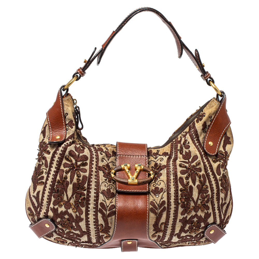 Valentino Beige/Brown Canvas And Leather Embroidered Hobo