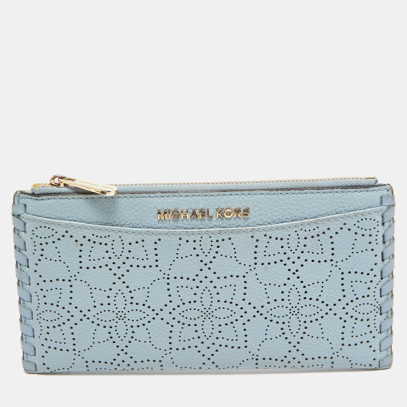 Michael Kors Light Blue Leather Lasercut Karson Slim Card Case