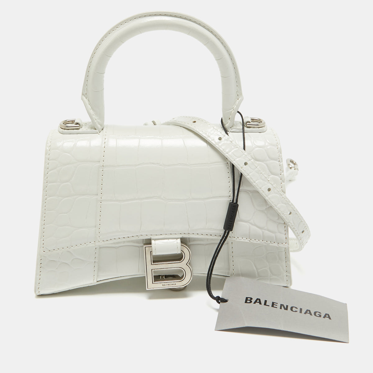 Balenciaga White Croc Embossed Leather XS Hourglass Top Handle Bag