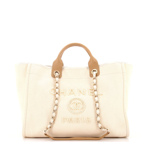 CHANEL Deauville Tote Pearl Embellished Canvas Medium