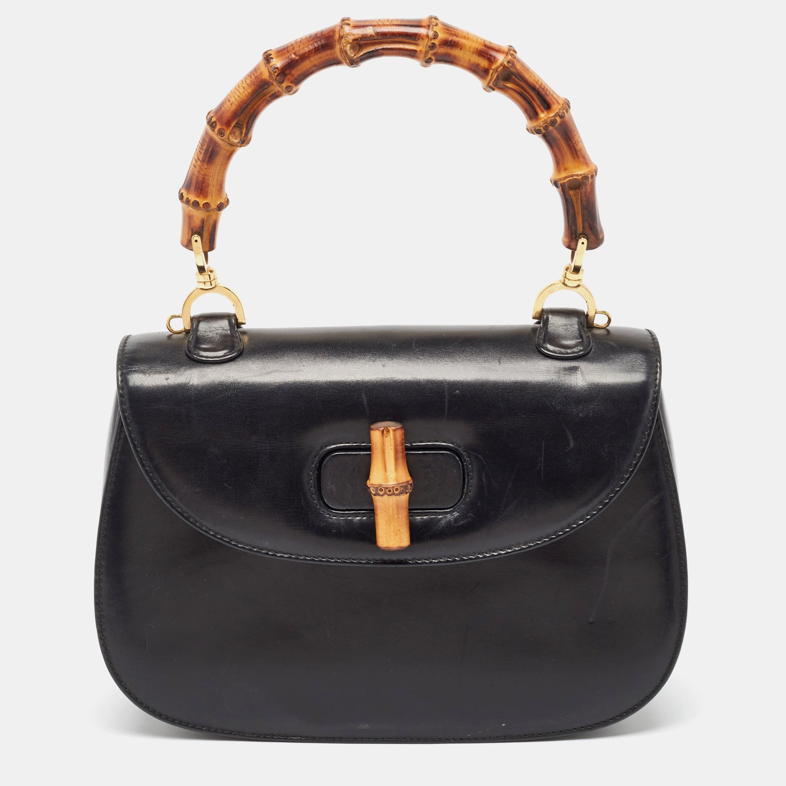 Gucci Sac à main en cuir noir et bambou vintage