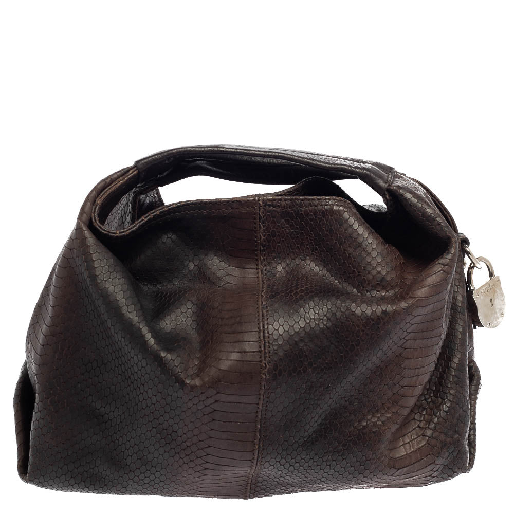 Furla Dark Brown Python Embossed Leather Elisabeth Hobo