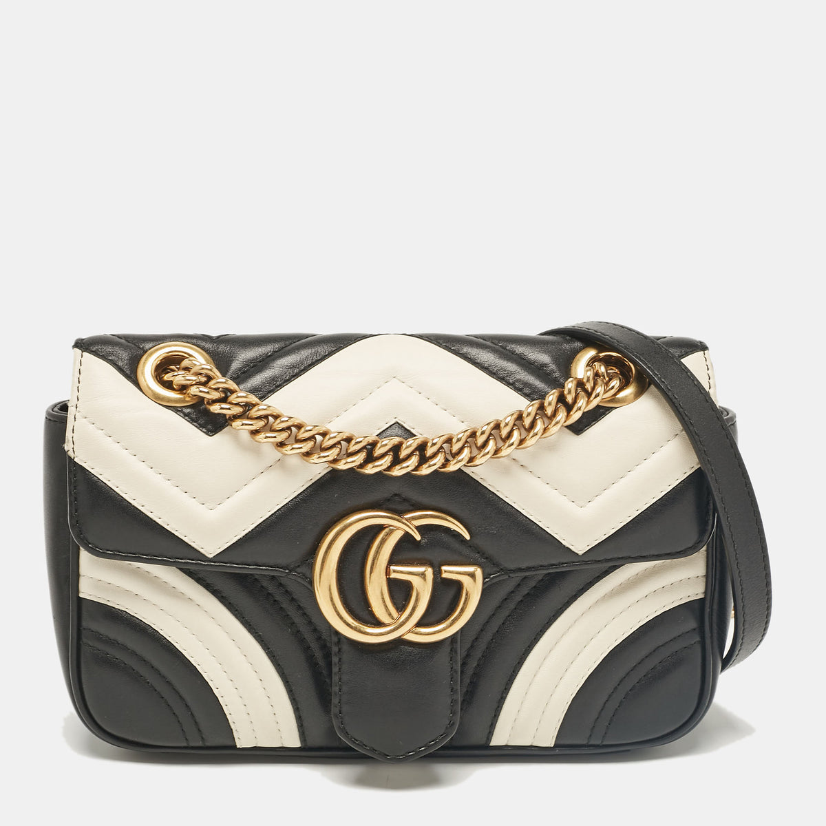 Gucci Black/White Matelass&eacute; Leather Mini GG Marmont Shoulder Bag