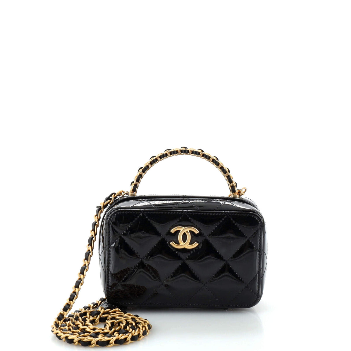 Chanel CHANEL Woven Chain Top Handle Vanity Case Quilted Patent Mini
