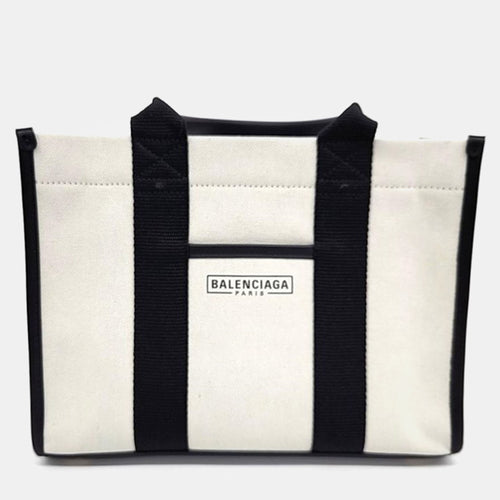 Black/Ivory Canvas and Leather Small Hardware Tote Bag