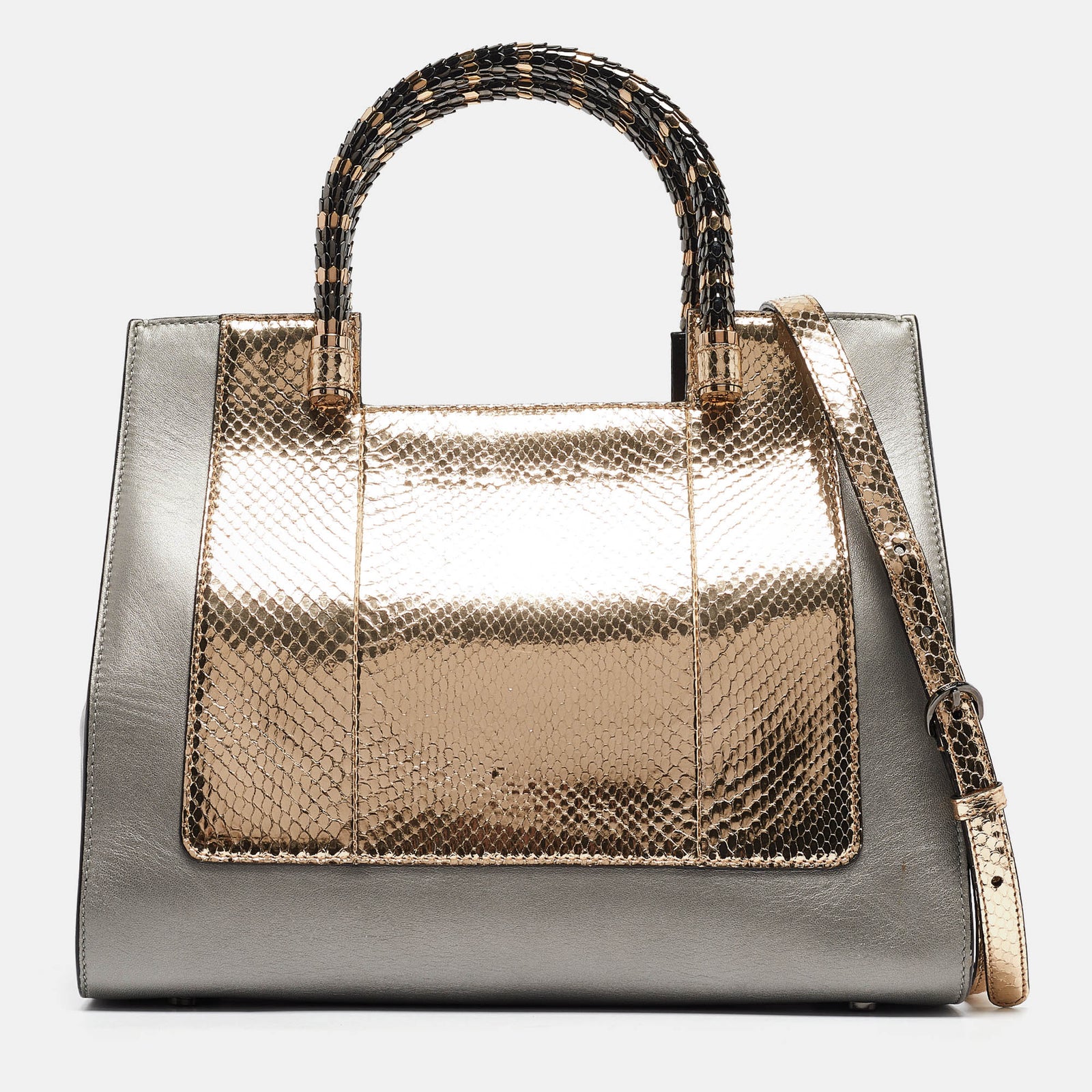 Bvlgari Gold/Grey Leather and Snakeskin Serpenti Scaglie Tote