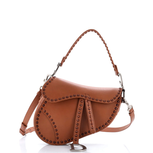 Saddle Handbag with Strap Studded Leather Medium