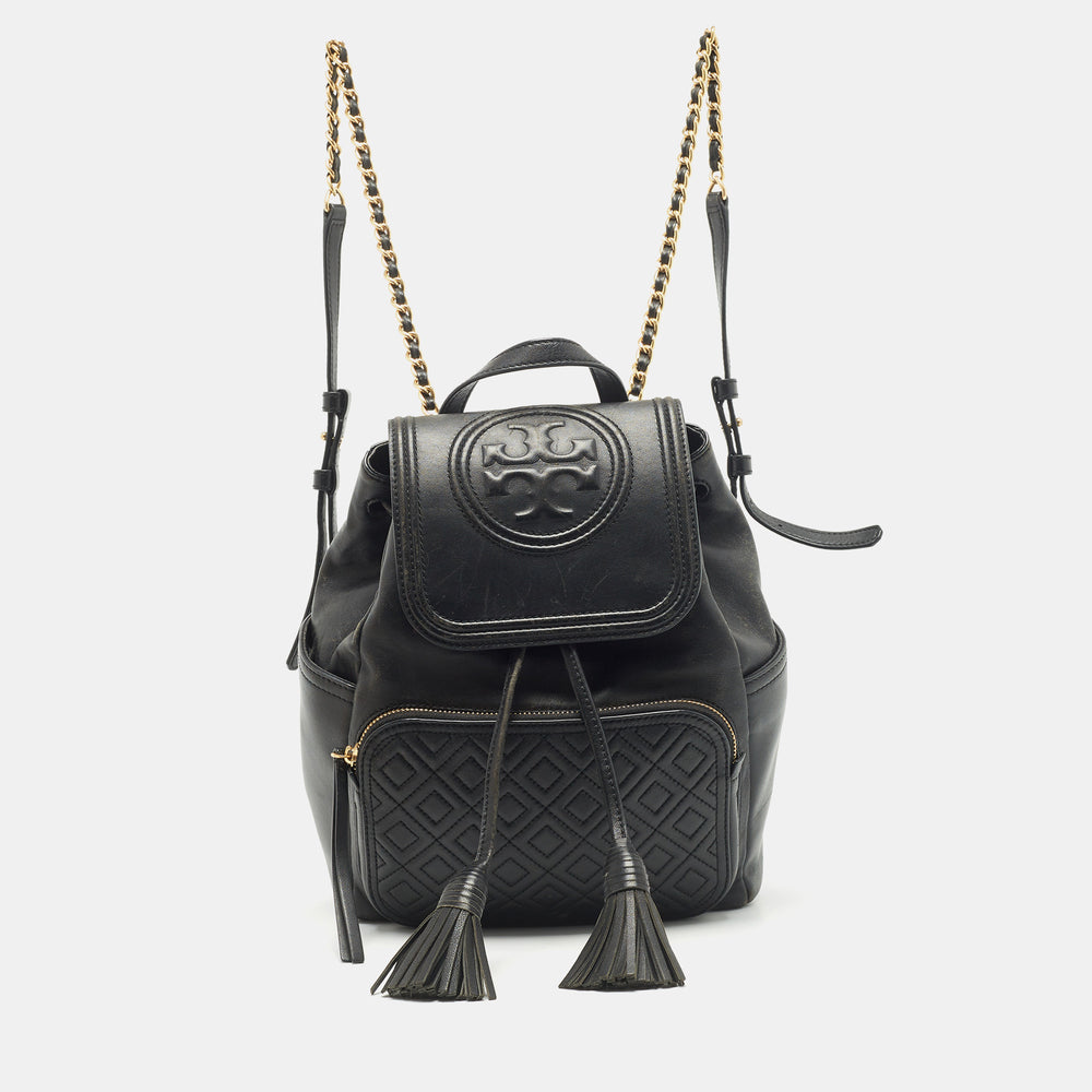 Black Quilted Leather Fleming Drawstring Backpack