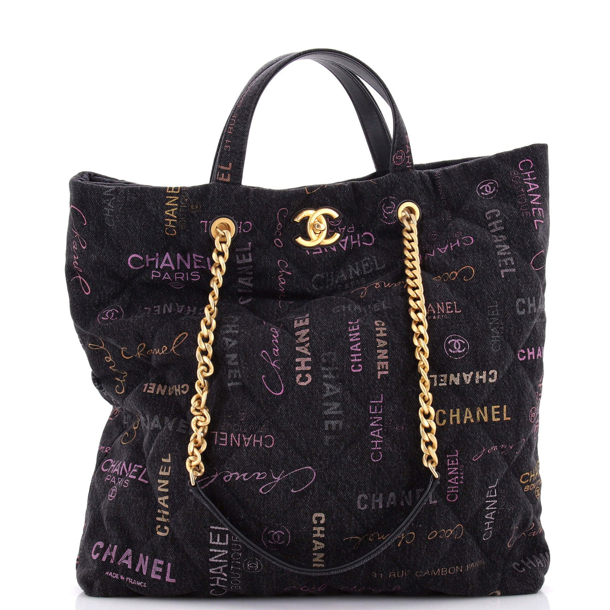 Chanel CHANEL Denim Mood Shopping Tote Logo Printed Quilted Denim Maxi