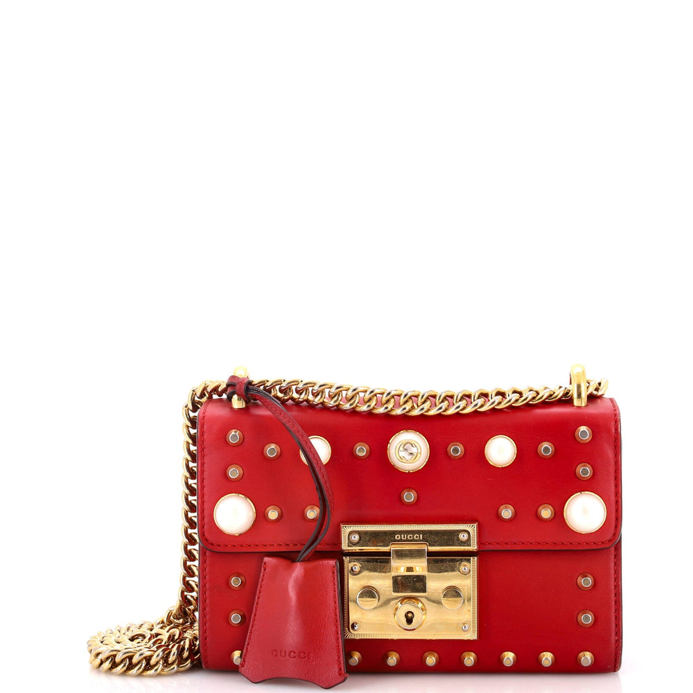 GUCCI Pearly Padlock Shoulder Bag Studded Leather Small