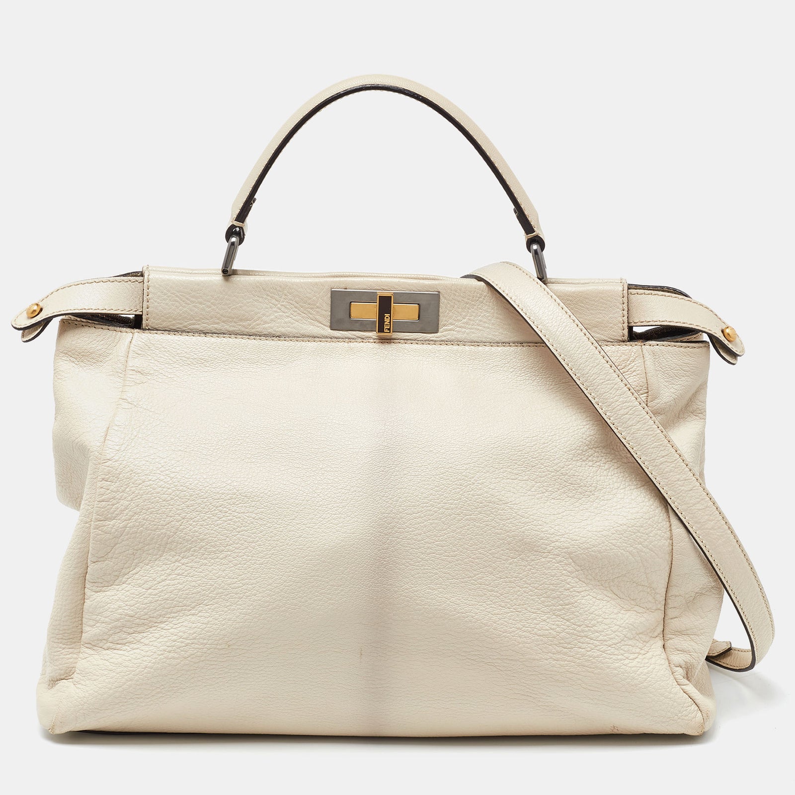 Fendi Beige Leather Large Peekaboo Top Handle Bag