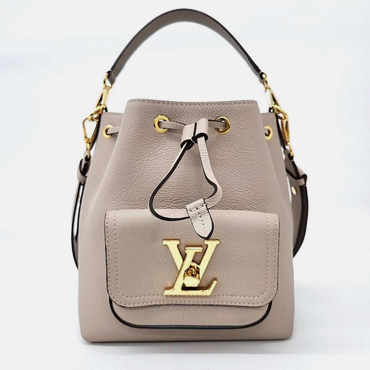 Louis Vuitton Grey Beige Leather LockMe Bucket Bag